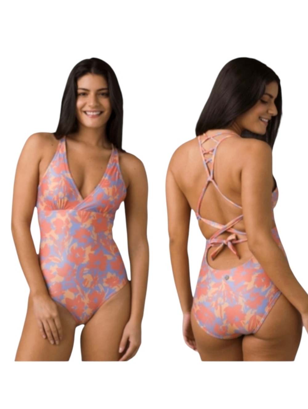 Prana Atalia One Piece Racerback Swimsuit XS Blue Orange Floral UPF 50+ NWT